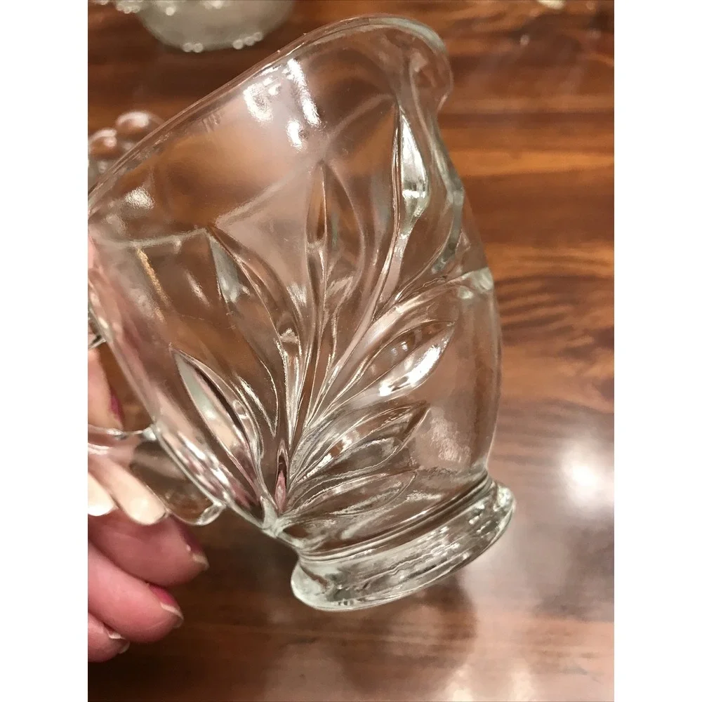 Clear Glass deep cut leaf sugar creamer‎ vintage drape handles
